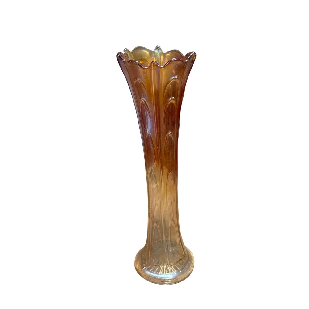 Vintage‎ Amber Carnival Glass Trumpet Vase Iridescent Tall Floral